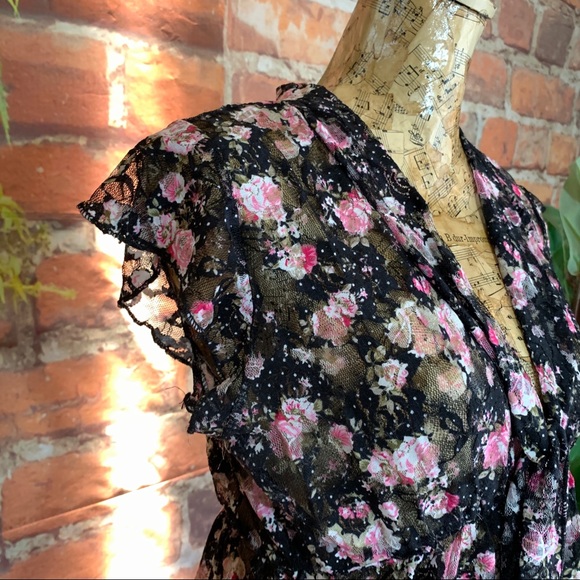 Floral Cottage Core Top Baby Doll Spandex Ties L - Picture 5 of 16